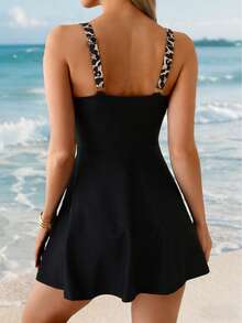SHEIN Swim Lushore Women's Cheetah Print Patchwork Black Crossover Ruched Tankini Swimsuit With Skirt, Casual Beach Vacation Summer Swimsuit Dress For Women - Multicolor - View 2