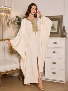 Elenzga 女士金色蕾丝边流苏长袖系腰连衣裙，适合通勤、派对穿着，时尚优雅 - 杏色 - 查看 6