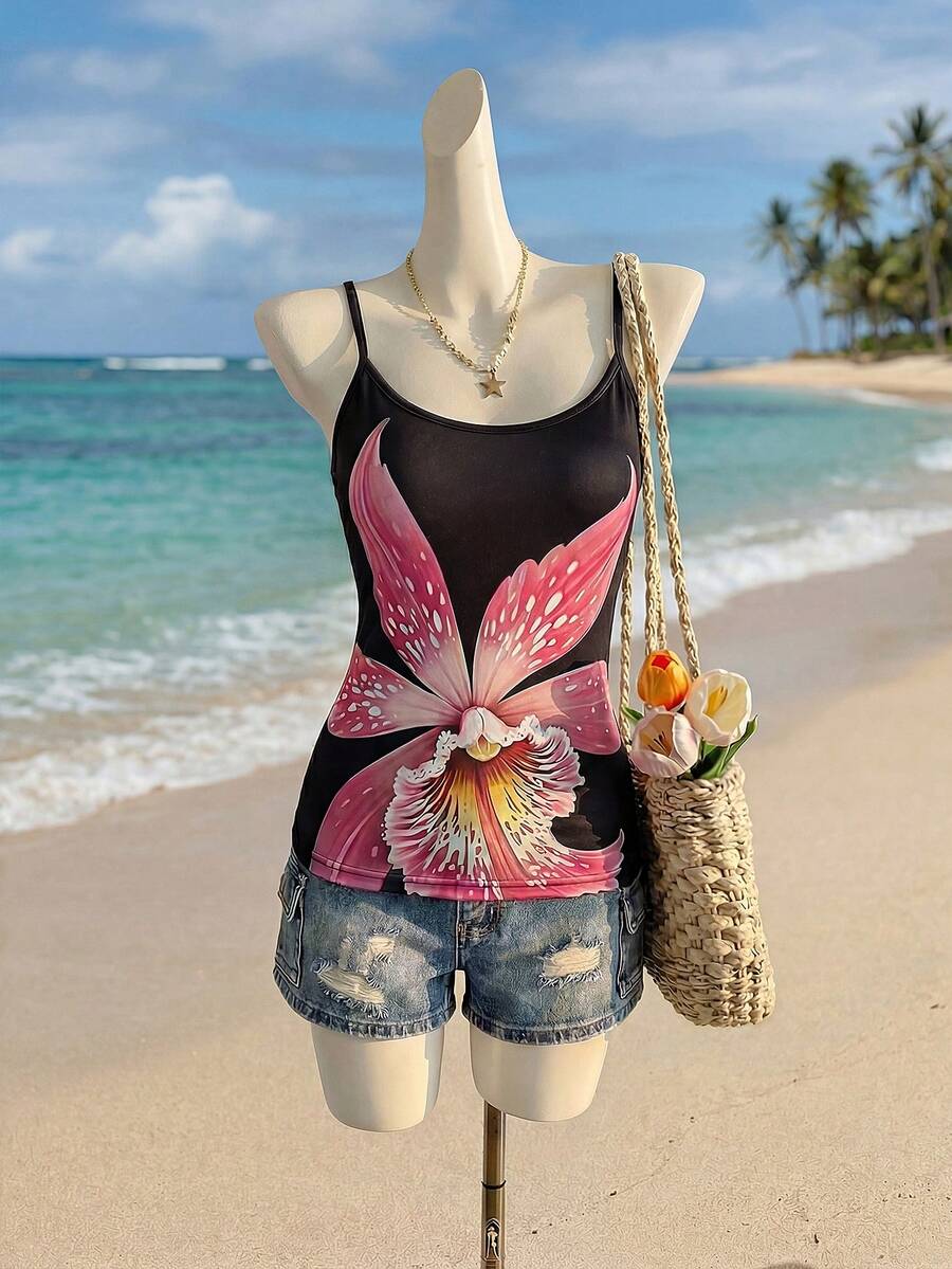 Selianne 女士优雅时尚通勤休闲舒适迷人复古简约高端浪漫假日无袖印花修身背心 - 黑色 - 查看 1