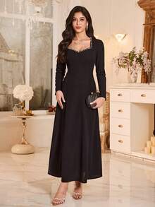 Modelyn Sexy Cinched Waist Flared Long Dress For Women, Black - Black - View 3