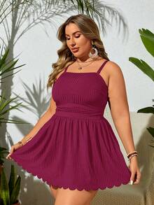 Swim Lushoire 2026 Elegante abito da spiaggia per donne taglia forte, abito con spalline sottili in tessuto a costine confortevole + slip a triangolo aderente, set da 2 pezzi, abito costume da bagno taglia forte - Bordò - Visualizzare 5