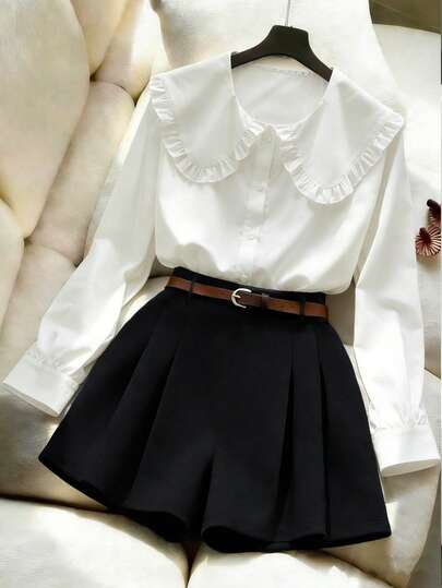 GlowEve 女士白色可爱韩版彼得潘领百搭衬衫，适合秋冬季分层女士衬衫