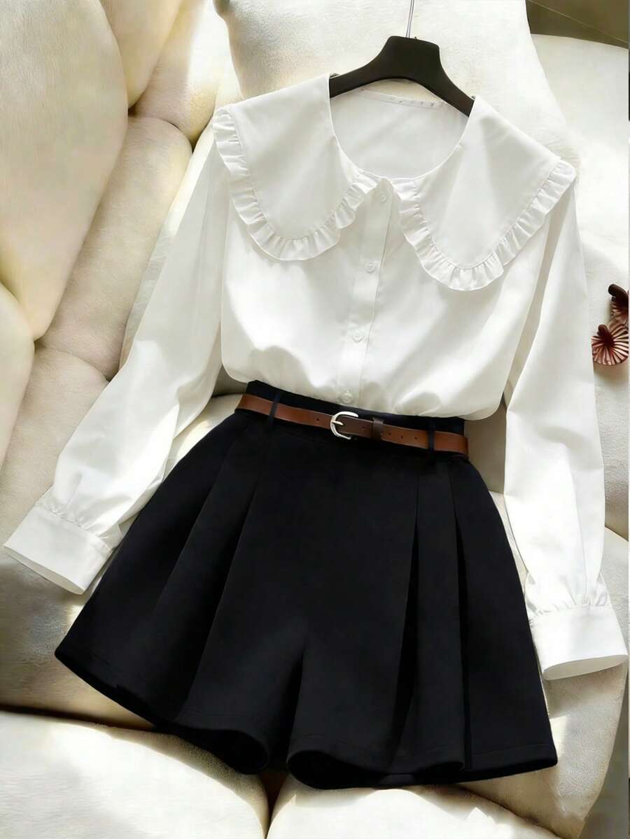 GlowEve Ladies White Cute Korean Style Peter Pan Collar All-Match Blouse, Suitable For Fall/Winter Layering Women Shirt - White - View 1