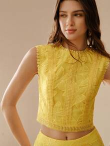 MOTF PREMIUM SLEEVELESS CROPPED TOP WITH LACE EMBROIDERY, ELEGANT & SLIMMING, SUMMER - Yellow - View 2