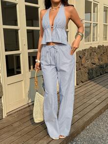 Sunnyshic 两件套条纹棉质深V领露背吊带上衣和抽绳腰阔腿裤，时尚休闲家居服，适合女士，春夏款 - 寶藍色 - 查看 6