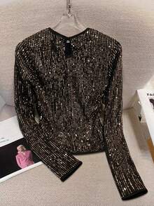 GlowEve 女士长袖亮片弹力修身优雅T恤上衣 - 黑色 - 查看 2