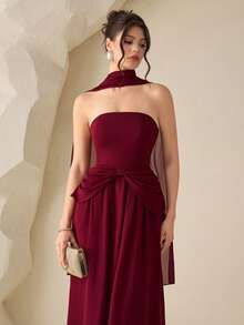 Modelyn Women's Elegant Strapless Ruffle Trim Slim Fit Dress - Burgundy - View 6