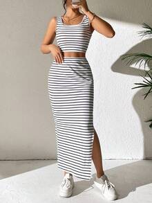 Flirla Striped Print Tank Top & Split Hem Skirt - Black and White - View 2