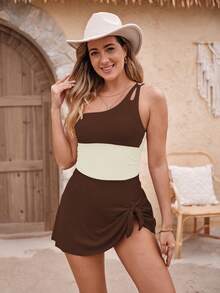 Swim Lushoire Bộ 2 món/bộ, áo tắm tankini một vai phối màu mới năm 2025 dành cho nữ, có đệm mềm mại, giúp thon gọn vóc dáng. - Nhiều màu - Xem 4