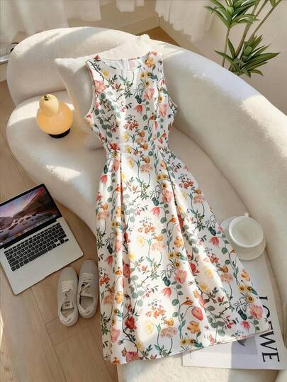 GlowEve CURVE Vestido elegante de línea A con cintura ceñida y estampado floral diminuto colorido para mujeres de talla grande, para principios de primavera