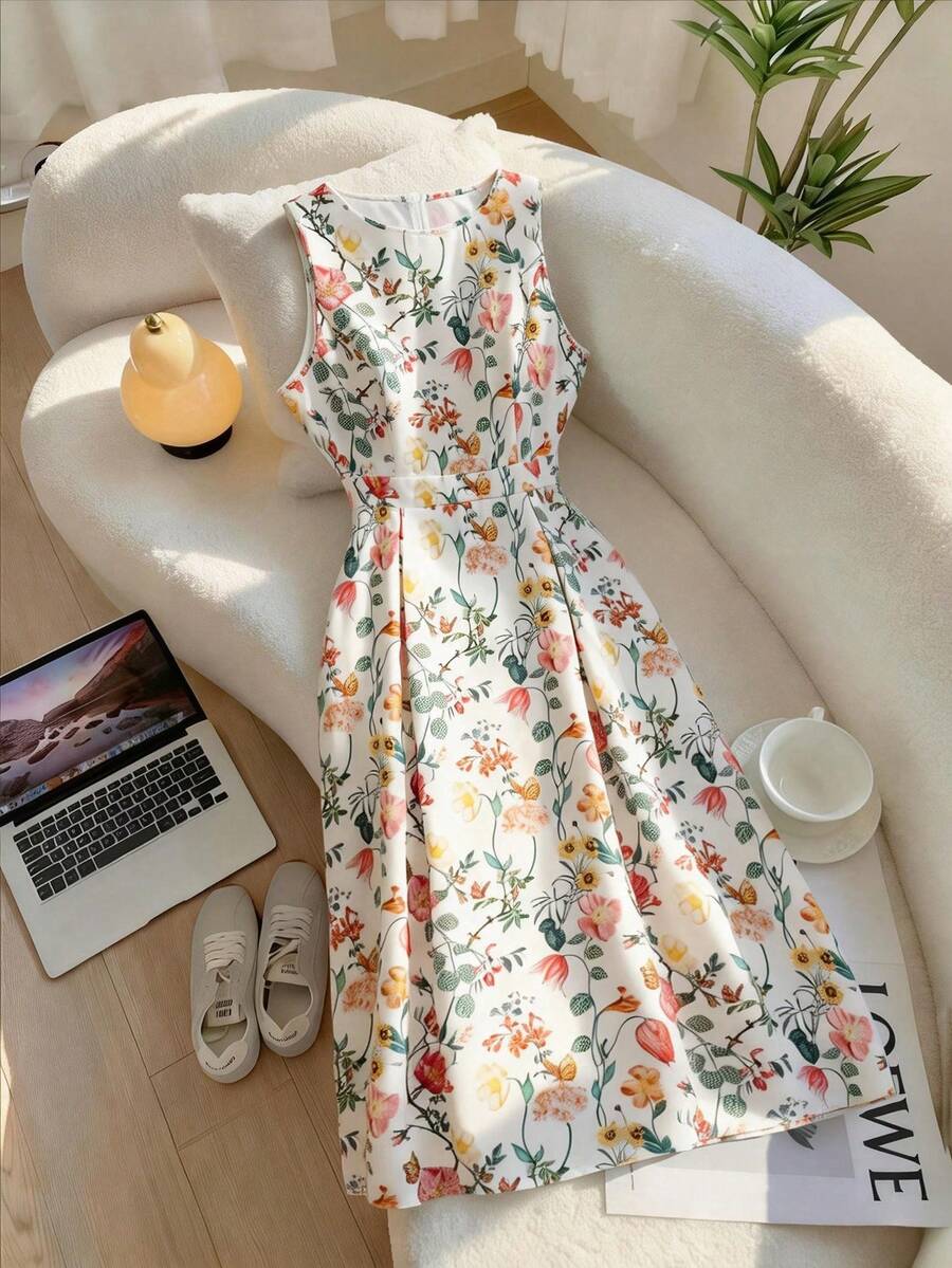 SHEIN Clasi 大码女式早春彩色碎花优雅A字收腰连衣裙 - 彩色 - 查看 1