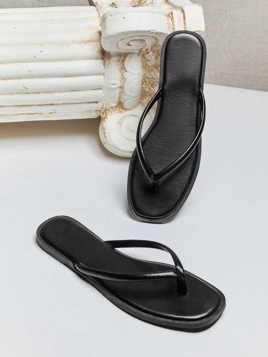 SHUZIA Women's Square Toe T Strap Thong Poolside Flip Flop Sandals - Black - View 1