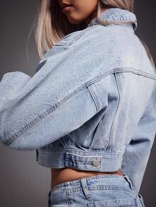 Denimoi Adjustable Cinched Waist Cropped Barrel Sleeve Denim Jacket Cropped Denim Jacket Fashionable - Light Wash - View 2