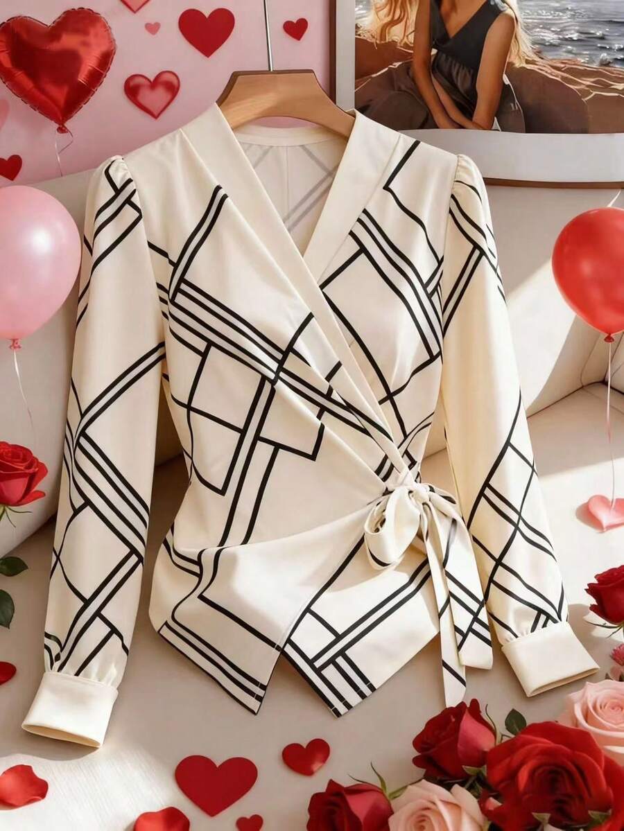 Franclia Women's New Product Elegant Leisure Vacation Commuter Office Sisters Going Out Shopping Everyday Wear Asymmetrical Hem Bow Tie Shirt Concert Party Top Pattern Apricot Beach Shirt Spring Summer Valentine's Day New Year Wear Women's Carnival Top - Apricot - View 1