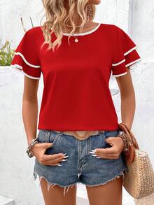 EMERY ROSE Blusa de manga corta con cuello redondo y color contrastante bordada para mujeres - Rojo - Ver 3