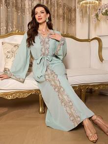 Elenzga Women's Loose V-Neck Ruffle Hem Long Sleeve Belted Robe, Turkish Abaya, Arabic Style Robe - Green - View 4