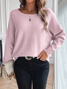 SHEIN LUNE Suéter de Gola Careca Casual Versátil de Manga Longa para Mulheres, Cor Sólida - Rosa chiclete - Visão 6