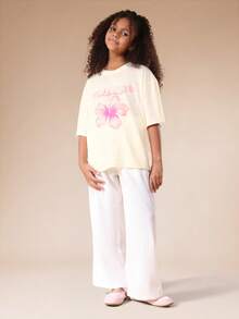 SUMWON 少女印花T恤阔腿裤套装，加州芙蓉花印花，夏季度假两件套休闲女童装 - 黃色 - 查看 1