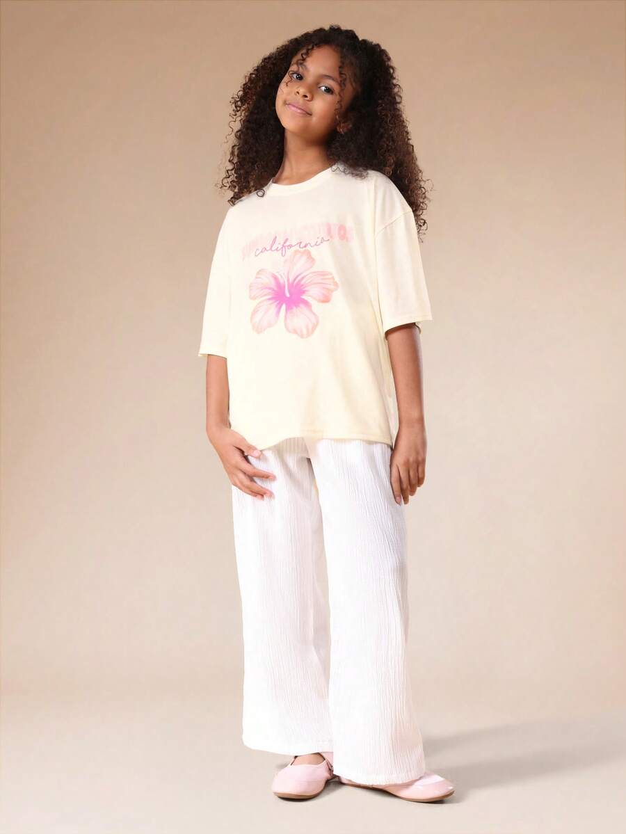 SUMWON 少女印花T恤阔腿裤套装，加州芙蓉花印花，夏季度假两件套休闲女童装 - 黃色 - 查看 1