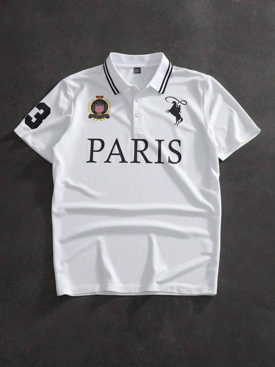 PAVTROS 男士休闲字母印花四分之一扣短袖Polo衫，夏季款 - 白色 - 查看 1