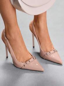 CUCCOO SZL 女士酒红色时尚高跟鞋，勃艮第红细跟带扣装饰 - 杏色 - 查看 4