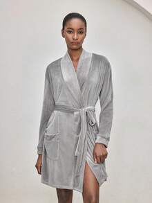 Ocili Women's Silky Gray Comfortable Velvet Loose Belted Mid-Length Robe, Sleepwear - Grey - View 4