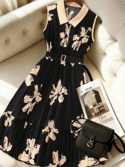 GlowEve CURVE Vestido negro casual de talla grande para mujer con estampado y contraste de color sin mangas, primavera