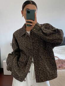 DAZY Women's Leopard Print Drop Shoulder Single-Breasted Casual Denim Jacket - Brown - View 5