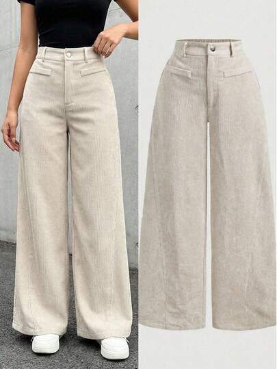 SHEIN Pantalones acanalados de pana vintage minimalista de unicolor para niña preadolescente, pantalones largos de pierna ancha color caqui, otoño/invierno