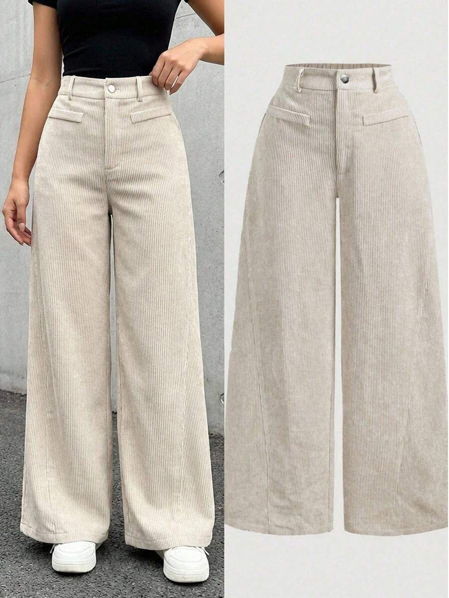 SHEIN Tween Girl 纯色复古简约灯芯绒罗纹裤,卡其色阔腿裤,秋冬长裤 - 杏色 - 查看 1