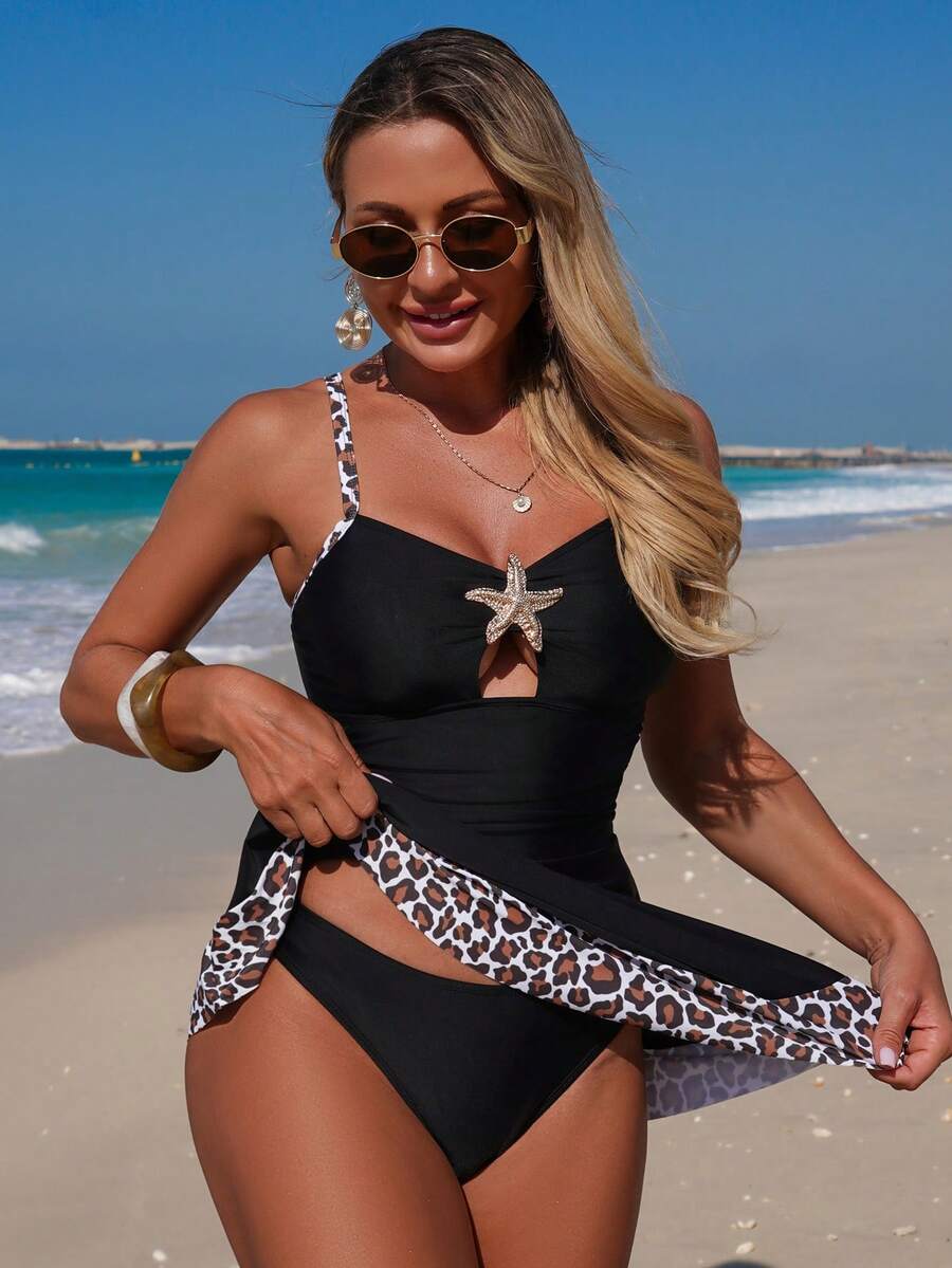 Swim Lushoire Women's Leopard Print Strap & Hem Black Swimsuit Skirt - Black - View 1