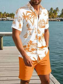 Manfinity RSRT 男士印花纽扣短袖衬衫和斜插口袋短裤套装，春夏度假装，假日装，夏季度假装，两件套，夏季服装，男士夏季服装，男士沙滩装，女士度假装，男士两件套夏季服装，男士沙滩度假装，白色和橙色印花男士衬衫 - 彩色 - 查看 3