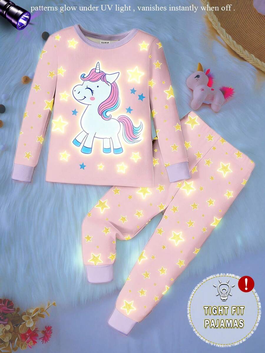 Set Piyama 2 Potong untuk Anak Perempuan: Atasan Lengan Panjang dan Celana Rajut Warna Blok Motif Unicorn & Bintang yang Bercahaya dalam Gelap - MultiWarna - View 1