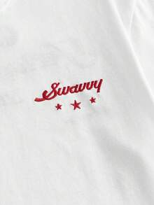 SWAVVY 男士白色常规版型纯棉T恤，半袖圆领，字母印花，街头时尚男士T恤，白色底红色图案，男士俱乐部街头服饰T恤，专业俱乐部衬衫，男士标语图案落肩T恤 - 白色 - 查看 9