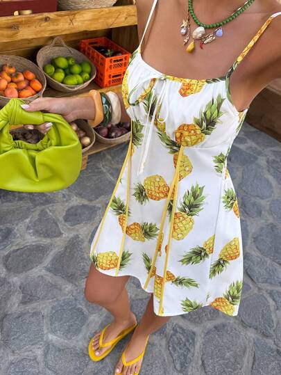 Selianne Women's Spring/Summer Island Vacation French Elegant Fruit Print Shirred Waist A-Line Hem Contrast Color Short Strap Dress