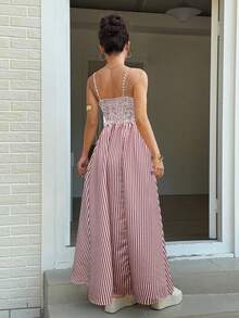 Pariaura Women's Casual Striped Ruffle Strap Dress, Summer - Pink - View 2