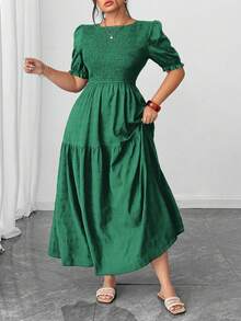 Elenzga 大码优雅休闲纯色泡泡袖荷叶边下摆连衣裙，适合日常通勤、办公、外出就餐、浪漫约会和度假，春夏新品上市 - 綠色 - 查看 5