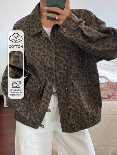 DAZY 女士豹纹落肩单排扣休闲牛仔外套