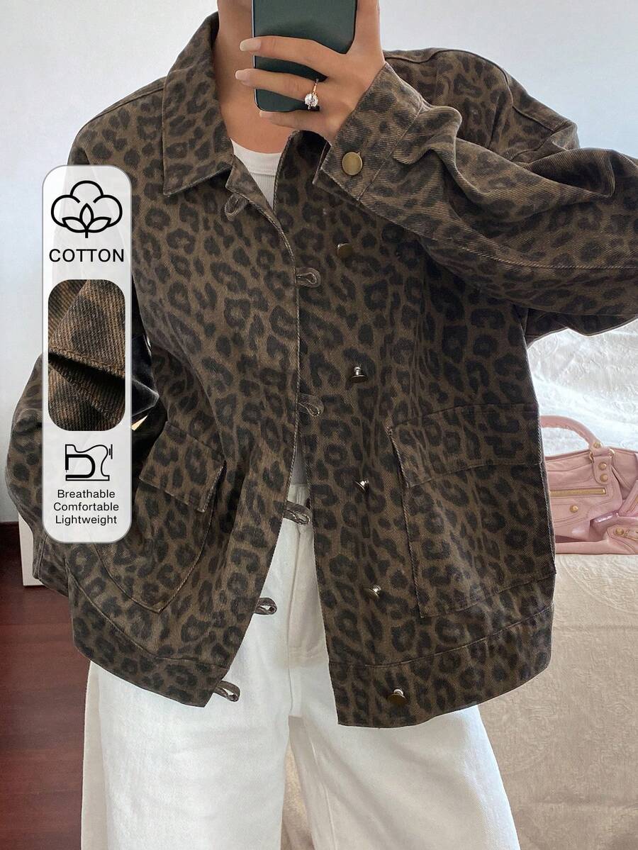 DAZY Women's Leopard Print Drop Shoulder Single-Breasted Casual Denim Jacket - Brown - View 1