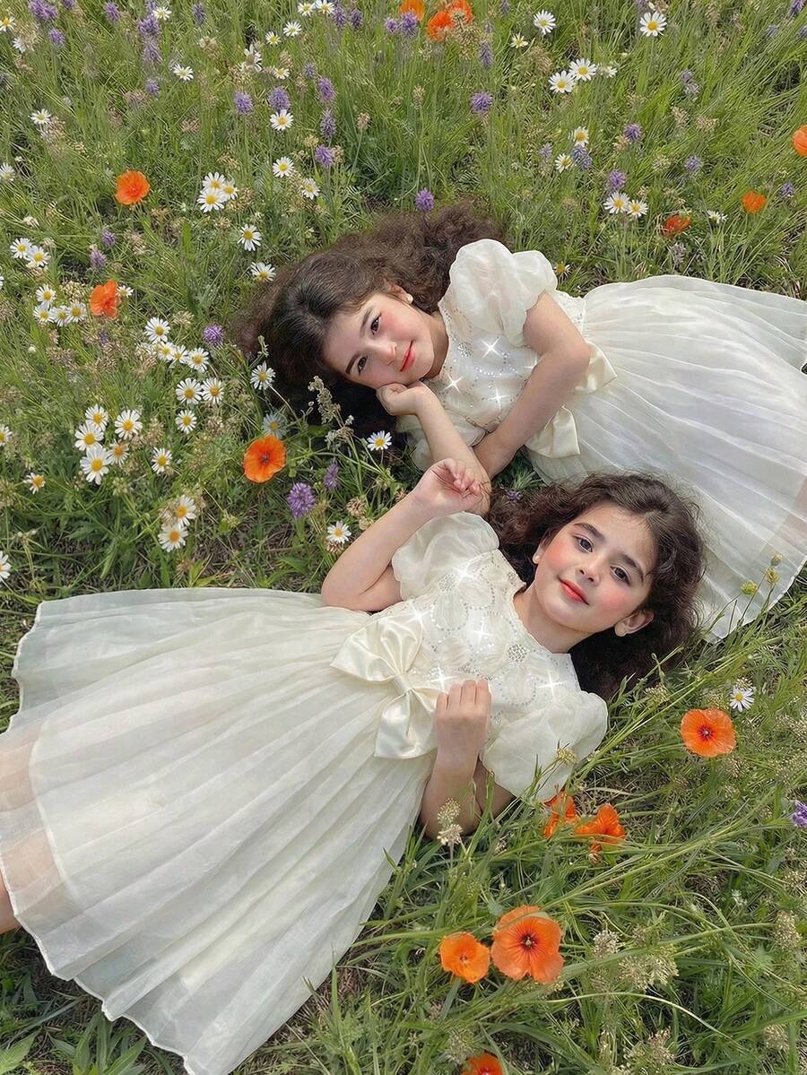 1pc Girls Princess Apricot White Dress,Summer Traditional Wedding,Embroidered Sequin Fabric,Lantern Puff Sleeves,Layered Ruffle Hem,Front Bow Decor - Apricot - View 1