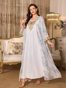 SHEIN Elenzya Set de 2 piezas de bata y vestido con estampado floral y ribete de encaje dorado para mujer - Multicolor - Ver 1