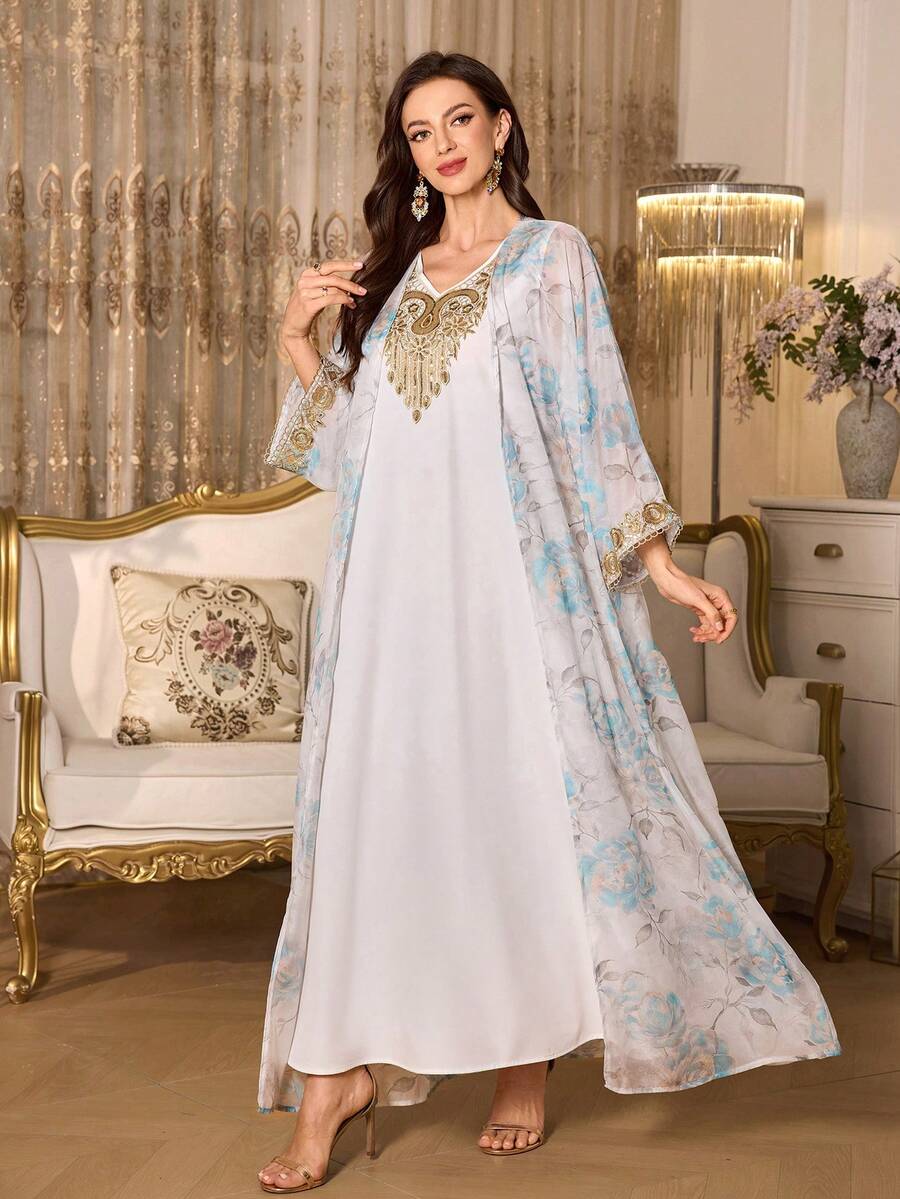 SHEIN Elenzya Set de 2 piezas de bata y vestido con estampado floral y ribete de encaje dorado para mujer - Multicolor - Ver 1