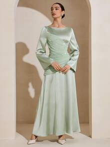 Graceveil Vestido elegante de estilo francés para mujer con cuello redondo, manga larga, volantes y decoración de rhinestones en color verde menta - Verde - Ver 9