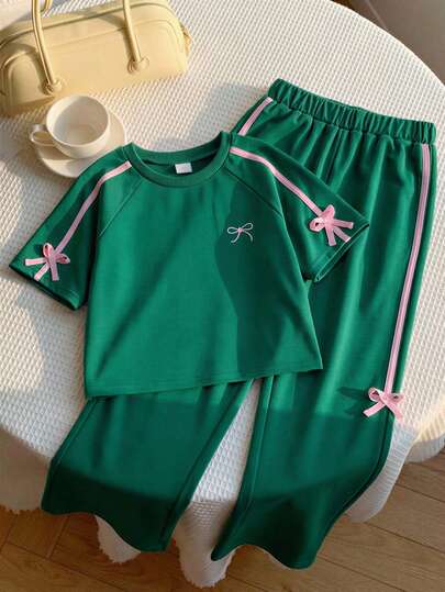 2pcs/Set Girls Casual Bow Embroidered + Contrast Tape Raglan Sleeve Round Neck Short Sleeve T-Shirt And Pants Set, Regular Thickness, Suitable For Daily Wear, Outings, School, Parties, Fits Girls Aged 8-12, Spring/Summer