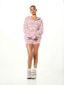 SUMWON WOMEN Áo khoác cardigan dáng rộng, mềm mại, có mũ trùm đầu và khóa kéo, họa tiết sọc ombre, ấm áp cho mùa thu đông. - Nhiều màu - Xem 3