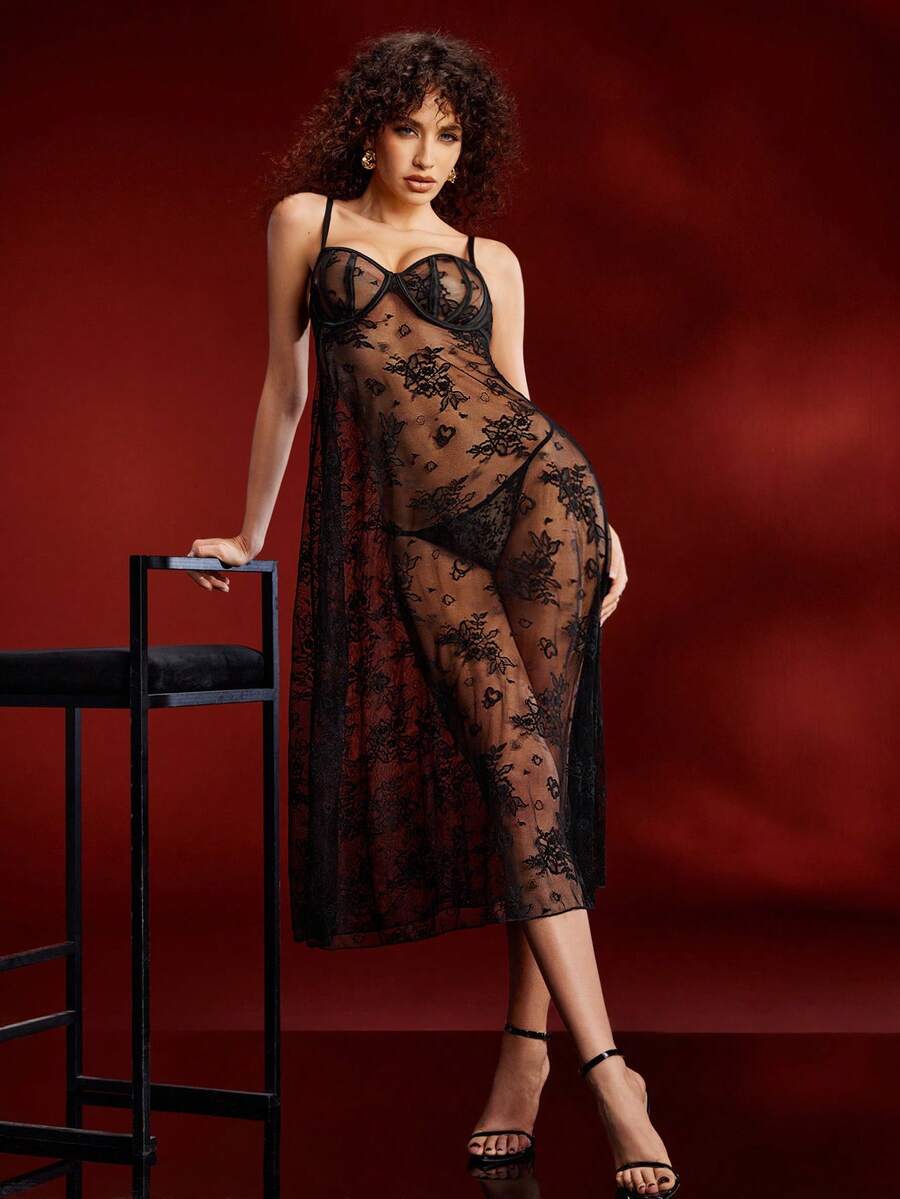 Sexy Lace Alluring Push-Up Mid-Length Women Nightgown - Black - View 1