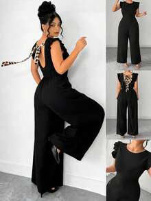 SHEIN Elenzya Women's Round Neck Backless Leopard Print Tie Waist Flutter Sleeve Jumpsuit, Casual/Holiday/Date/Commute Loose Wide Leg Pants Women's Jumpsuits Elegant Jumpsuits Palazzo Jumpsuit Sleeveless Jumpsuit Black Jumpsuit Flare Jumpsuit - Black - View 6
