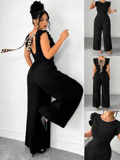 SHEIN Elenzya Women's Round Neck Backless Leopard Print Tie Waist Flutter Sleeve Jumpsuit, Casual/Holiday/Date/Commute Loose Wide Leg Pants Women's Jumpsuits Elegant Jumpsuits Palazzo Jumpsuit Sleeveless Jumpsuit Black Jumpsuit Flare Jumpsuit Black Jumpsuit Women Elegant Women Jumpsuits Summer Backless Jumpsuit Casual Jumpsuits For Woman Romper Pants Jumpsuits