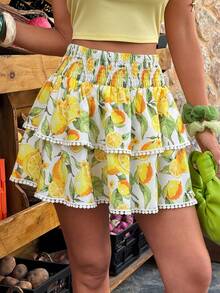 Selianne Women's Lemon Print Layered Ruffle Hem Mini Skirt, Vacation Style, Spring/Summer - Multicolor - View 3