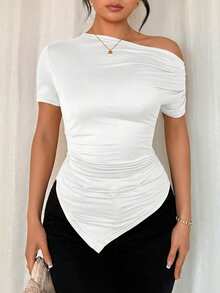 Rafferiza 不对称纯色不对称领褶皱休闲短袖T恤 白色上衣 不对称上衣 白色上衣 修身女式上衣 - 白色 - 查看 3
